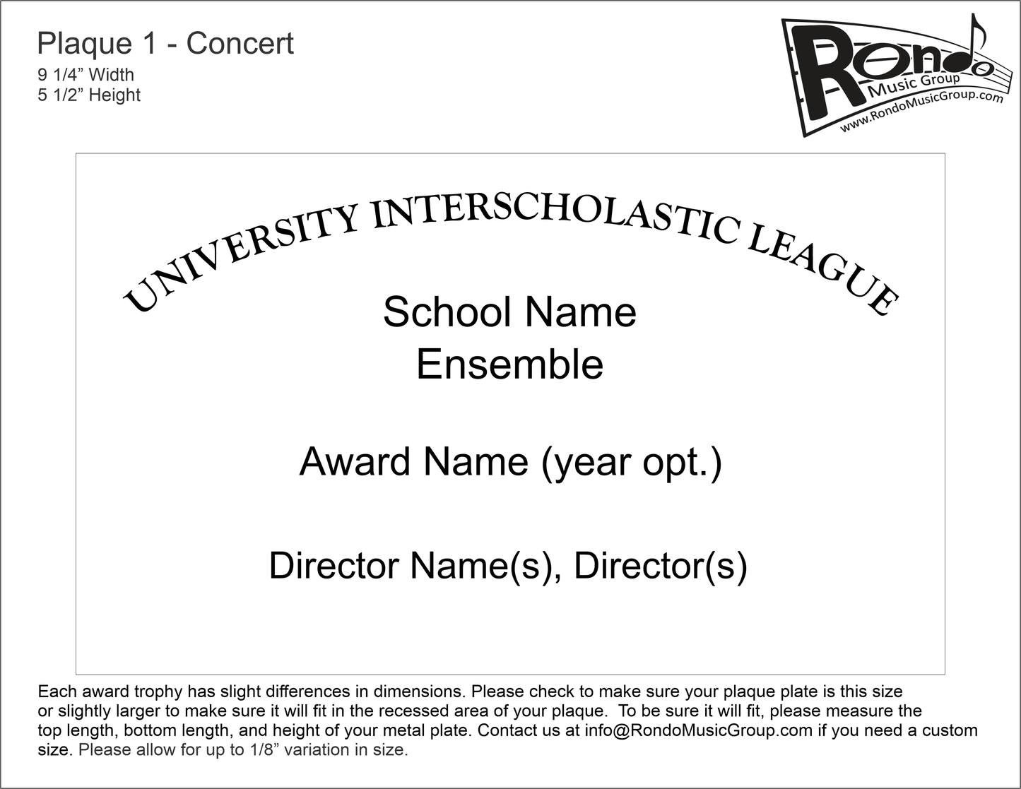 Texas UIL Music PL-1 Concert Award Plate
