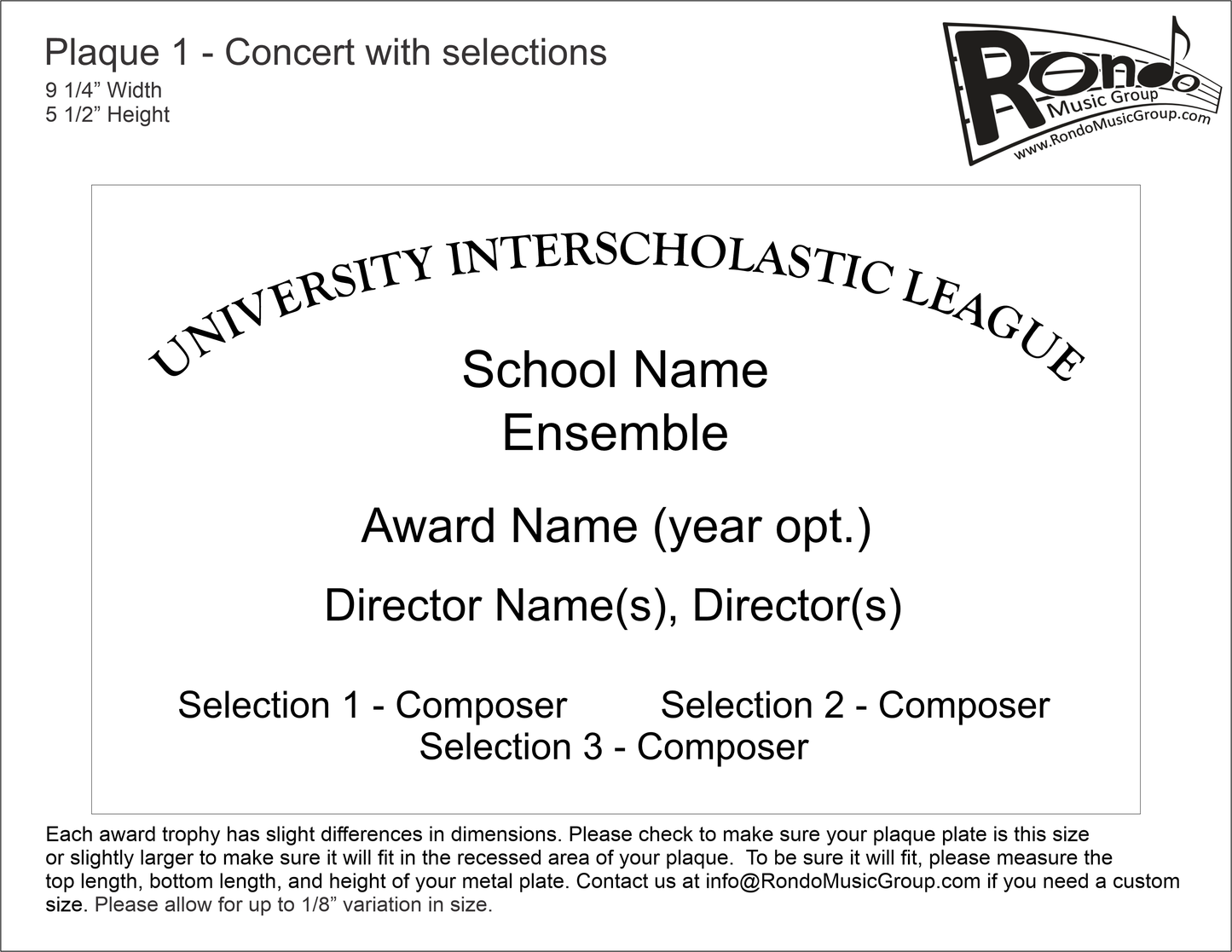 Texas UIL Music PL-1 Concert Award Plate