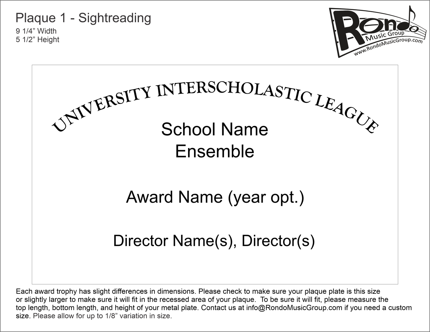 Texas UIL Music PL-1 Sightreading Award Plate