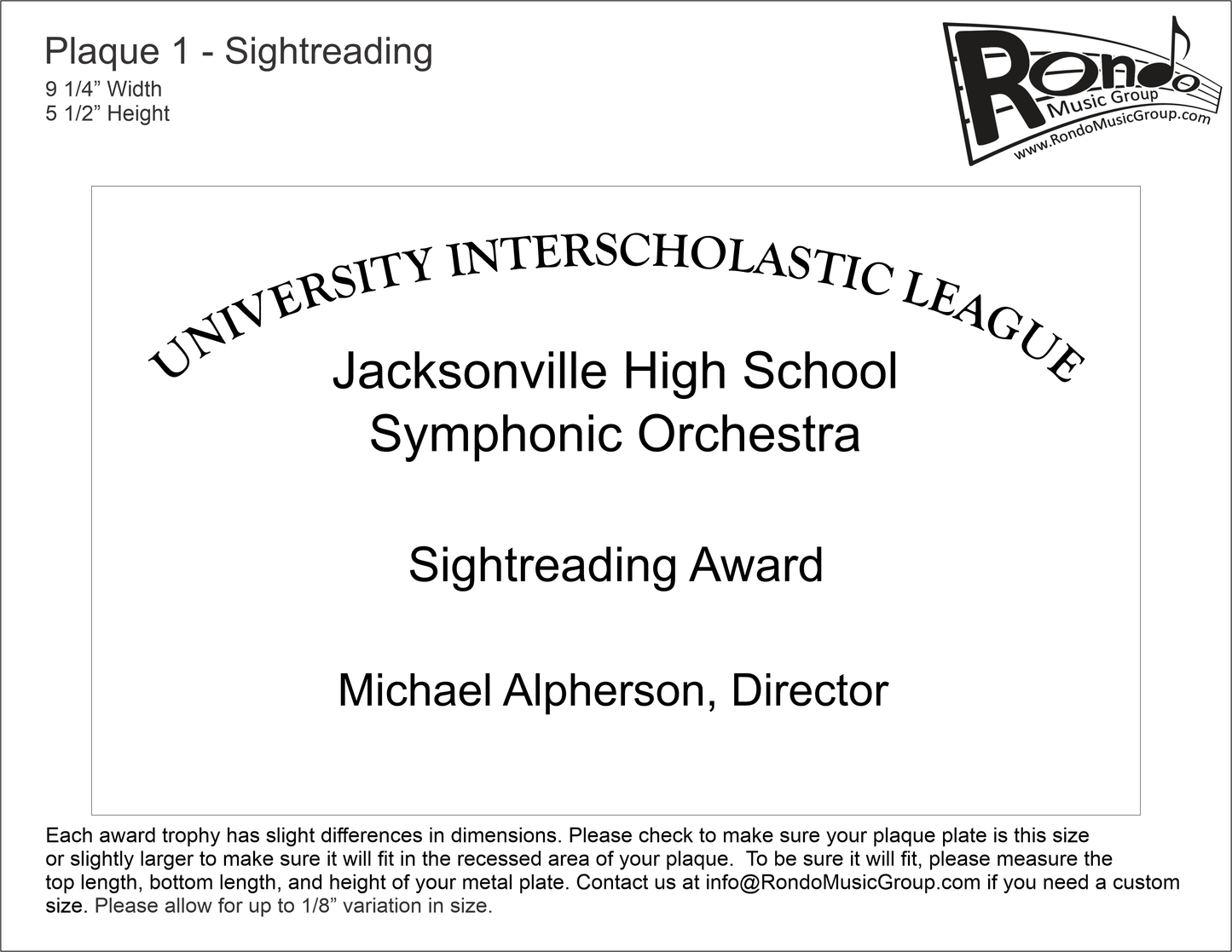 Texas UIL Music PL-1 Sightreading Award Plate