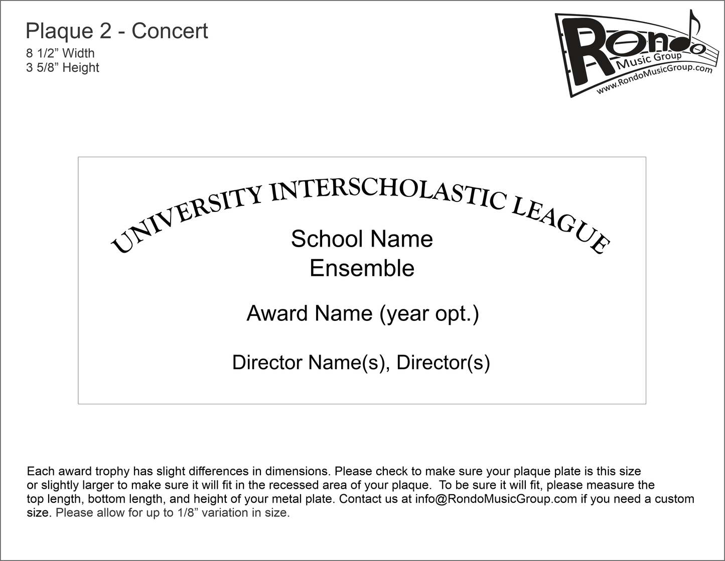 Texas UIL Music PL-2 Concert Award Plate