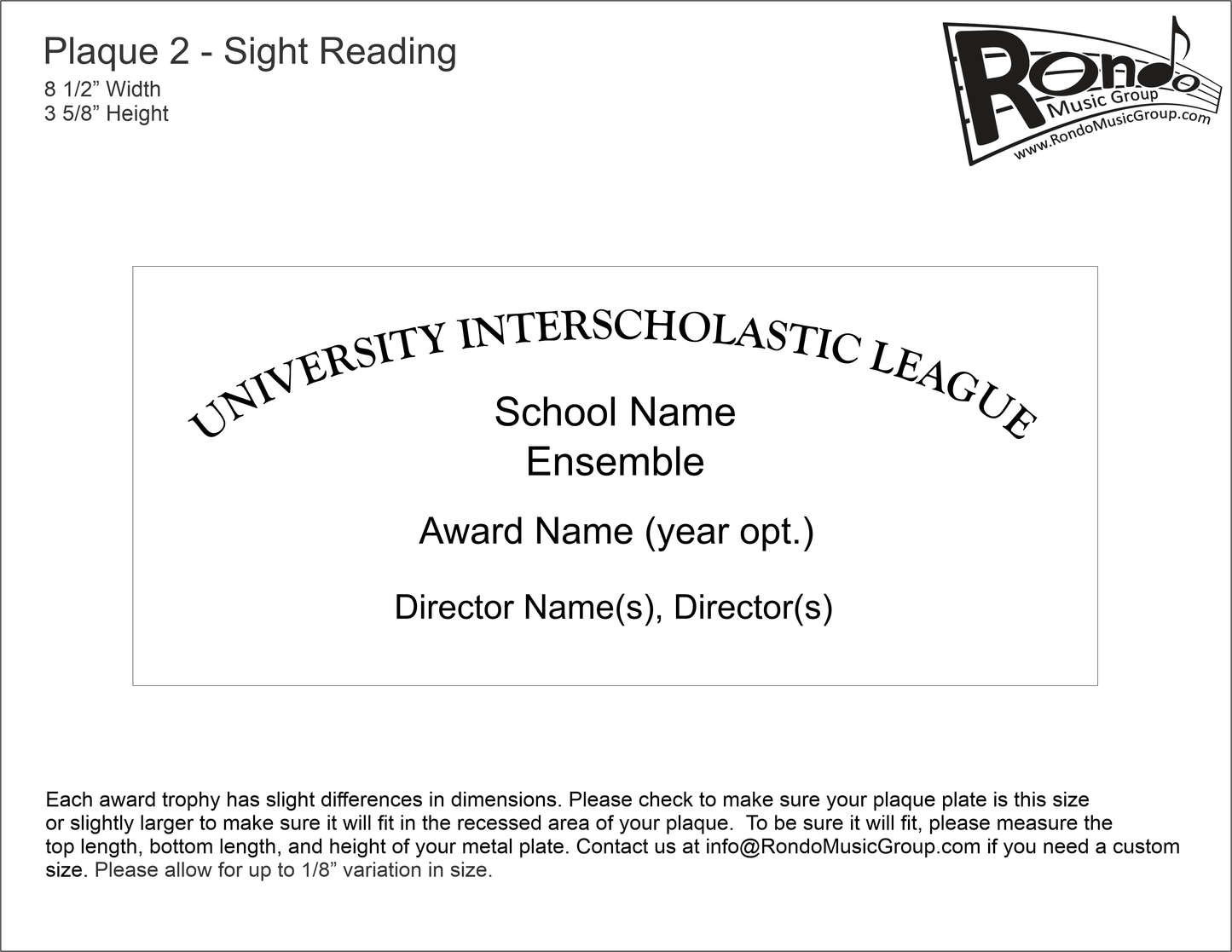 Texas UIL Music PL-2 Sightreading Award Plate