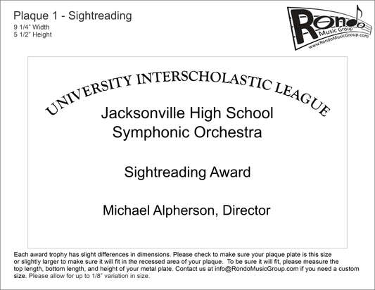 Texas UIL Music PL-1 Sightreading Award Plate