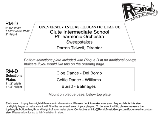 Texas UIL Music RM-D Award Plate